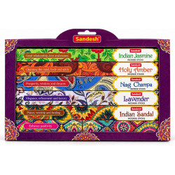 Coffret encens Sandesh avec 6 boîtes de bâtonnets : jasmin, ambre, Nag Champa, lavande, santal et musc