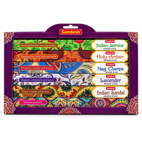Coffret encens Sandesh avec 6 boîtes de bâtonnets : jasmin, ambre, Nag Champa, lavande, santal et musc